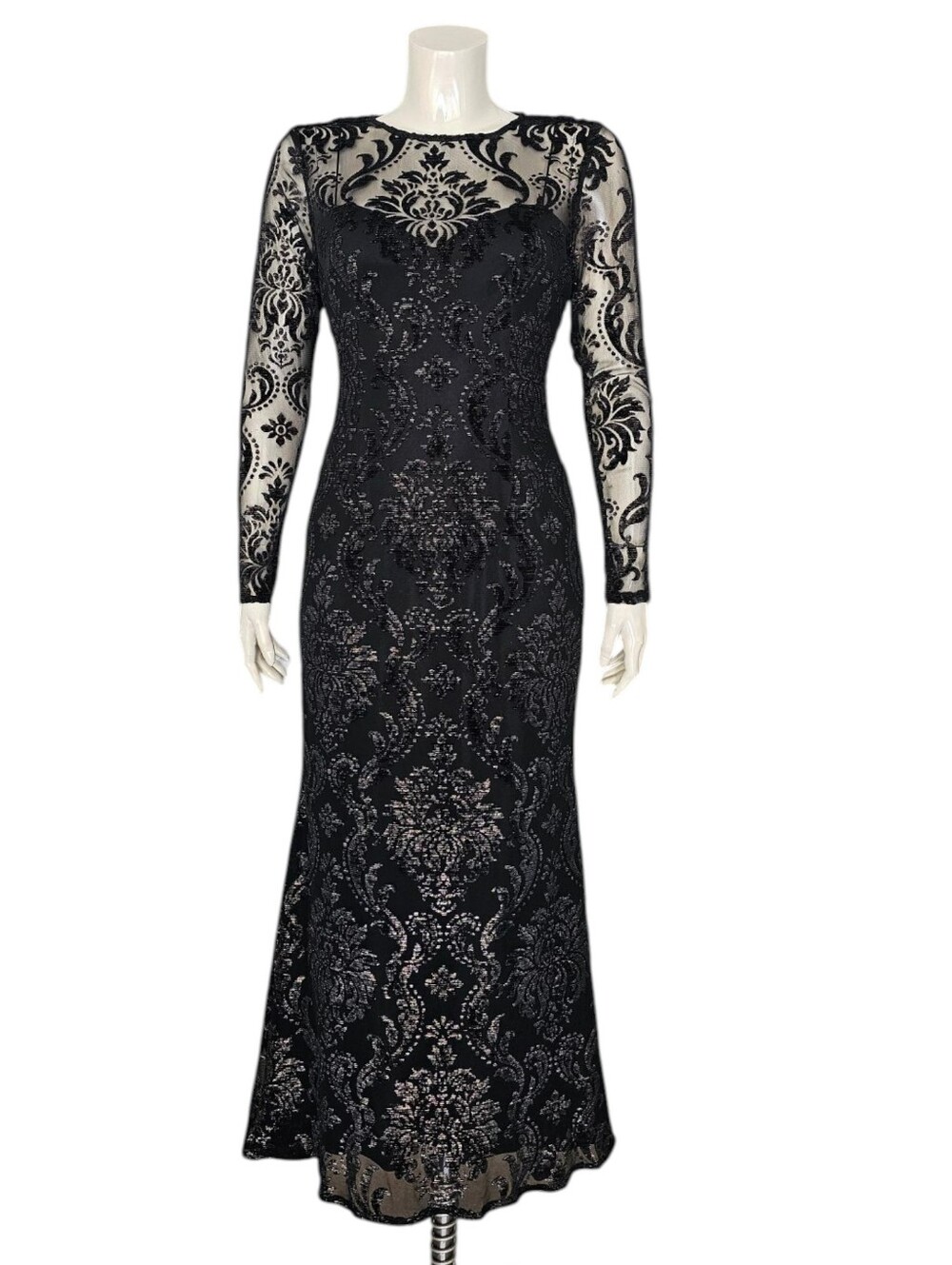 ADRIANNA PAPELL Black Bronze Metallic Burnout Emblem Illusion Sheer Mesh Gown 4